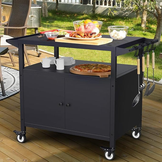 Outdoor Grill Table with Storage, Movable Grill Cart, Outdoor Kitchen Island Prep Stand Station,Blackstone Griddle Stand, BBQ Serving Cart Rolling Bar Cart with 4 Utensil Hooks 1