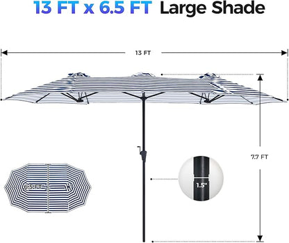 SUPERJARE 13FT Outdoor Umbrella for Patio, Double sided Pool Umbrellas with Fade Resistant Canopy, Large Table Umbrella for Deck, Market, Backyard - Blue & White Stripe
