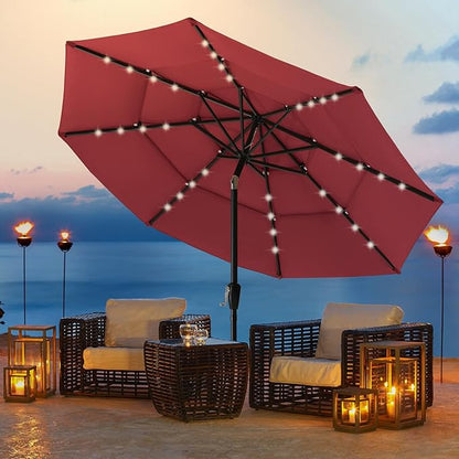 ABCCANOPY 3-Tiers 11FT Solar Patio Umbrella, Outdoor Umbrella with 32 LED Lights for for Deck, Pool, Garden, Backyard (Burgundy)