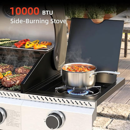 COWSAR 4-Burner Gas Grill, 42000 BTU BBQ Grill, Stainless Steel Barbecue Grill with Side Burner, Enameled Cast Iron Grill, Pull-Out Oil Tray, Suitable For Outdoor, Backyard Barbecues
