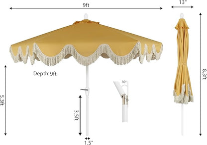 JONATHAN Y UMB1001 Collins 9 ft. Classic Cottage Tassel Market Patio Umbrella with Auto-Tilt, Crank, Wind Vent and UV Protection