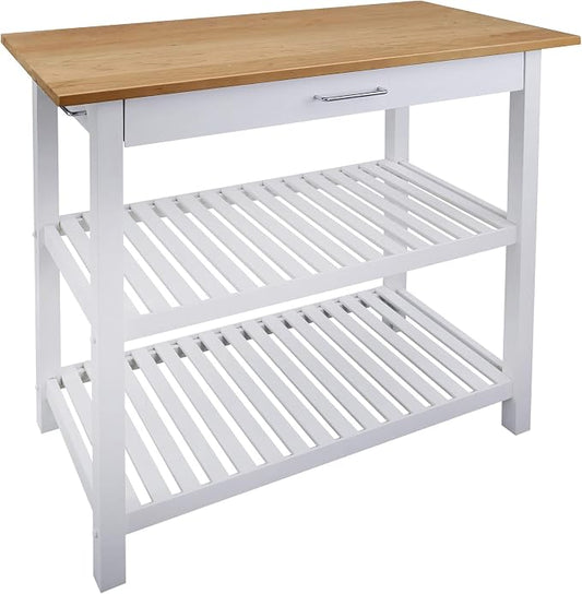 Kitchen Island with Solid Wood Top, White & Cherry Natural