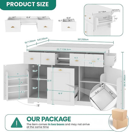 YITAHOME 59" Rolling Kitchen Island with Drop Leaf & Power Outlet, Double Pull-Out Kitchen Trash Can, Fits 10-Gal Waste Bin, Portable Islands on Wheels with Door Storage & Spice Rack, White