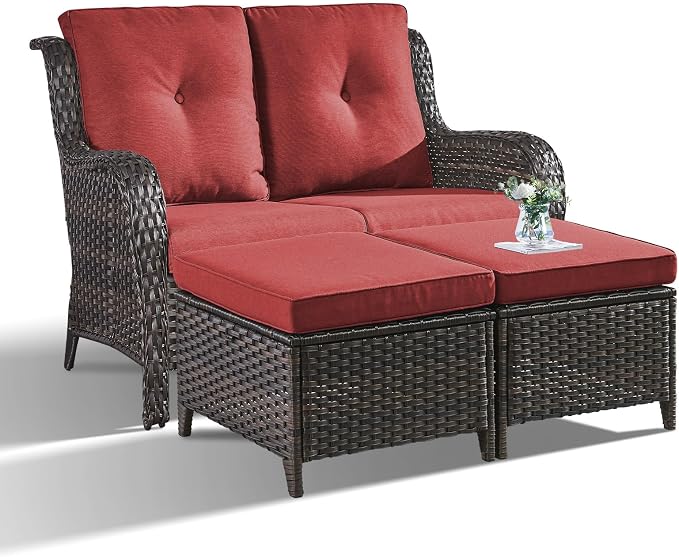 Outdoor Loveseat Sofa - 3 Piece Patio Furniture with Ottoman Deep Seating Patio Couch for Porch Deck Garden Backyard - Brown/Red