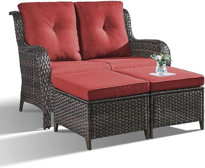 Outdoor Loveseat Sofa - 3 Piece Patio Furniture with Ottoman Deep Seating Patio Couch for Porch Deck Garden Backyard - Brown/Red
