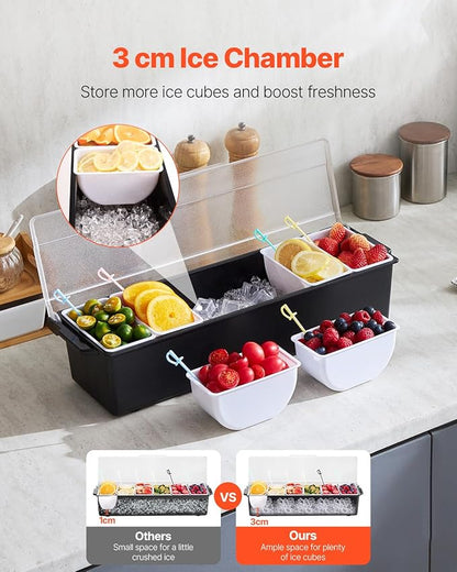 VEVOR Chilled Condiment Server, 6 Compartment Ice Cooled Condiment Serving Container, Chilled Garnish Tray Bar Caddy with Lid, for Bartending & Serving Taco, Salad, Fruit, Home & Restaurant Supplies | for BBQs, Picnics, Camping and Family Gatherings, c...