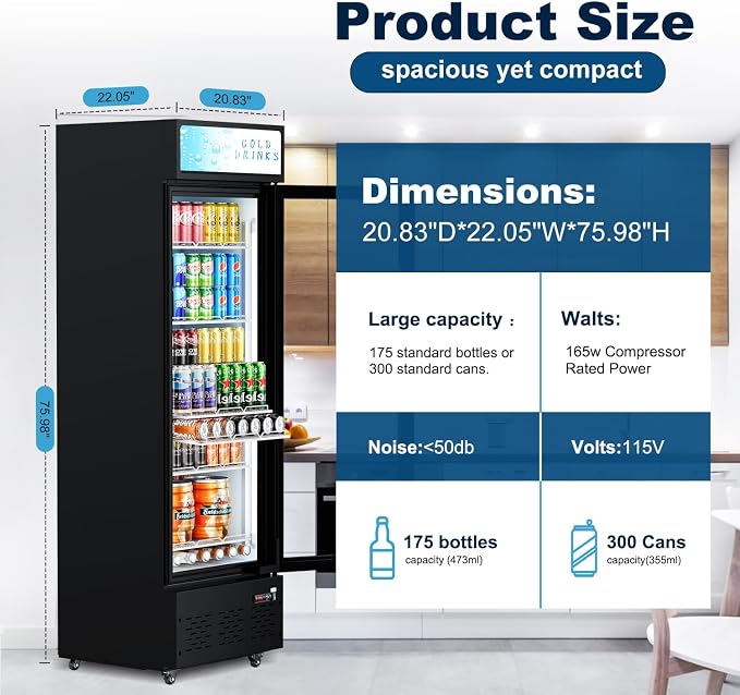 20.8''W Commercial Refrigerators, 11 Cu.ft. Glass Door Beverage Refrigerators Commercial Fridge Upright Display Cooler with Soft LED Light and Adjustable Shelves for Restaurant Grocery Stores
