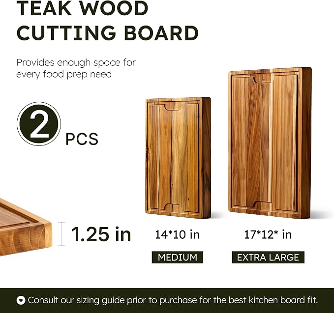 2-Piece Teak Cutting Board Set, Butcher Blocks with Juice Groove | 1.25” Thick Cutting Board for Meat and Brisket, End Grain Cutting Board for Kitchen, Wooden Cutting Board for Carving