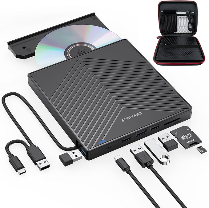 ORIGBELIE External CD DVD Drive 4 USB Port 2 TF/SD Card Slot &Carrying Case | Slim USB 3.0 CD DVD ROM Player Burner Reader Writer Rewriter Optical Disk Drive for Laptop PC Mac OS Windows 11/10/8/7 Linux