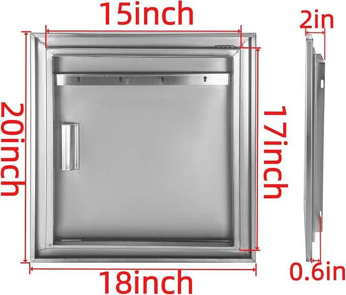 Outdoor Kitchen Door 18" W x 20" H Stainless Steel BBQ Single Access Door Flush Mount Vertical Wall Doors with Handle and Hooks Suitable for Grilling Station Outside Cabinet Outdoor Kitchen