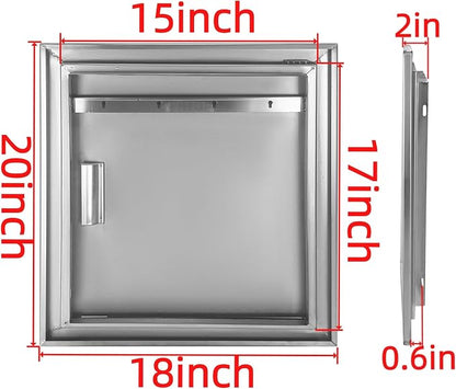 Outdoor Kitchen Door 18" W x 20" H Stainless Steel BBQ Single Access Door Flush Mount Vertical Wall Doors with Handle and Hooks Suitable for Grilling Station Outside Cabinet Outdoor Kitchen