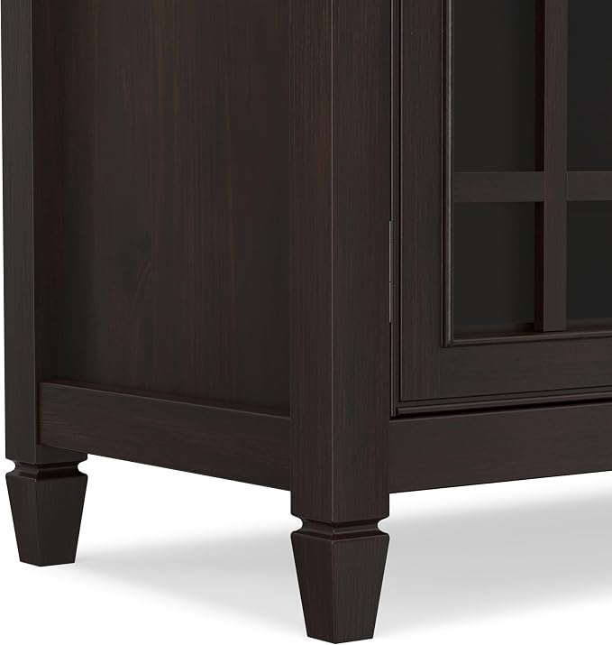 SIMPLIHOME Connaught 60" Solid Wood Buffet in Chestnut Brown | Traditional sideboard buffet with glass doors and adjustable shelves for organized dining or living room storage.