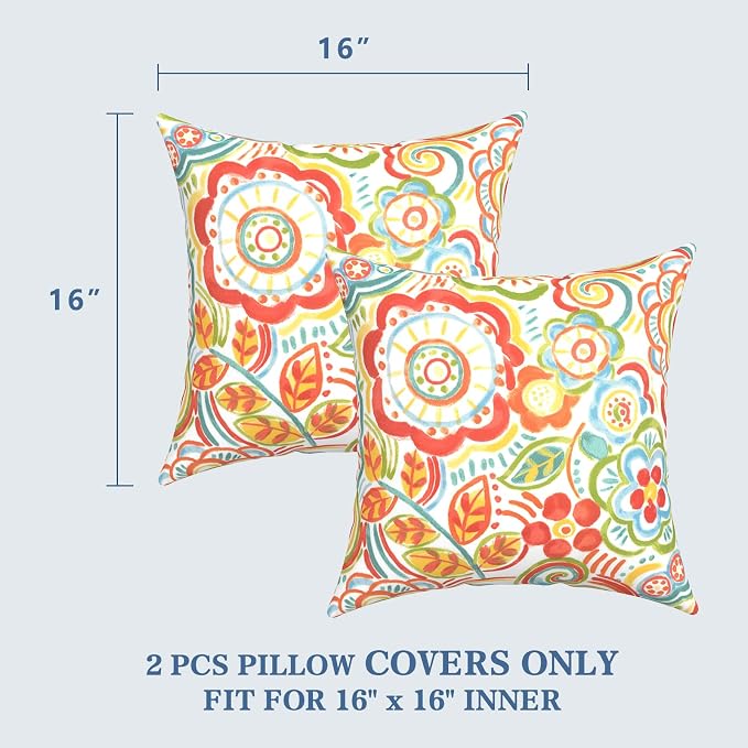 LVTXIII 2 Pack Outdoor Throw Pillow Covers for Patio Furniture, 16x16 Inch Square Pillow Case, Water-Repellent Cushion Covers for Garden, Porch, Sofa, Flower Multi
