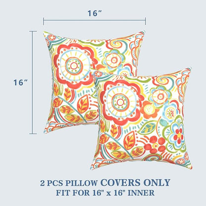 LVTXIII 2 Pack Outdoor Throw Pillow Covers for Patio Furniture, 16x16 Inch Square Pillow Case, Water-Repellent Cushion Covers for Garden, Porch, Sofa, Flower Multi