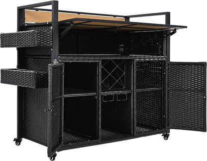 YOPTO Outdoor Grill Cart with Foldable Design,7-Tier Shelves,Lockable Wheels,Wine Rack & Weather-Resistant Wicker Rattan for Indoor/Outdoor Use,Black Brown