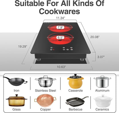GIHETKUT Electric Cooktop,Built-in and Countertop Electric Stove Top, 2100W 110V Electric Burner 9 Heating Level, Timer & Kid Safety Lock, Sensor Touch Control 2 Burner Electric Cooktop.
