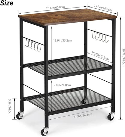 LIANTRAL Rolling Cart, 3-Tier Microwave Cart Kitchen Storage On Wheels | Brown Utility Cart for Bar Coffee Large Side End Table Nightstand for Home Office