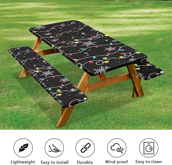 Elastic Fitted Table Cloth for Camping Party Supplies Christmas Pattern Picnic Table Cover with Bench Covers 3 PCS for Outdoor BBQ Camping