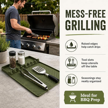 Silicone Griddle Tools Mat for Blackstone Weber, Extra Large 16" x 11.6" Spatula Mat with Drip Pad, Heat Resistant BBQ Accessories Organizer for Outdoor Grill Side Shelf, BBQ Gifts for Men