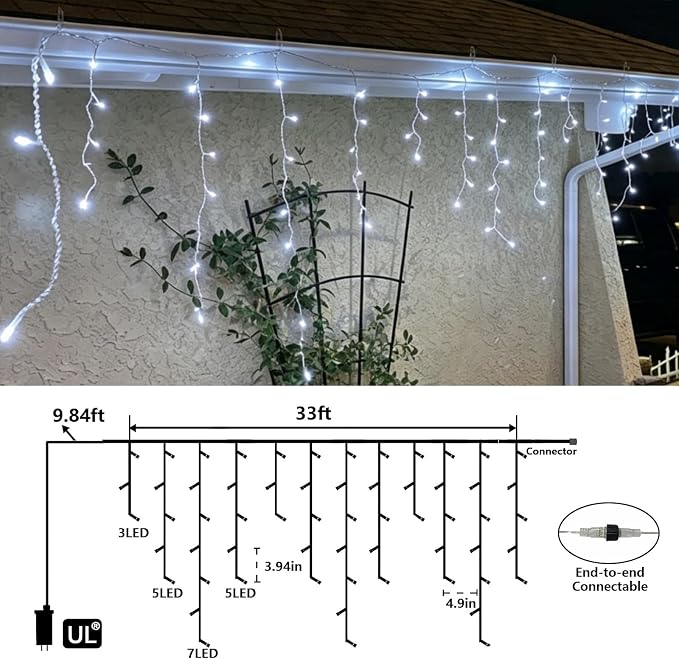 QITONG Icicle Lights for Outside, 33ft 400 LED String Lights Plug in with 8 Modes, Connectable White Icicle Christmas Light Clear Wire Indoor