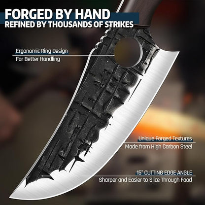 TIJERAS Butcher Knife Set, Hand Forged BBQ Viking Meat Cleaver Knives, Professional Chef Knife Set with Roll Bag for BBQ, Camping, Birthday Gifts for Men Women
