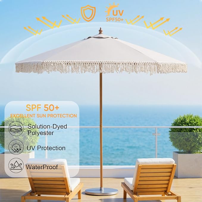 9 FT Patio Umbrella with Fringe,Fringe Portable Beach Umbrella,Heavy-Duty Metal Frame,6 Ribs with Ventilated Canopy,UV Protection & Waterproof, Suitable for Garden,Deck,Pool,Patio Table