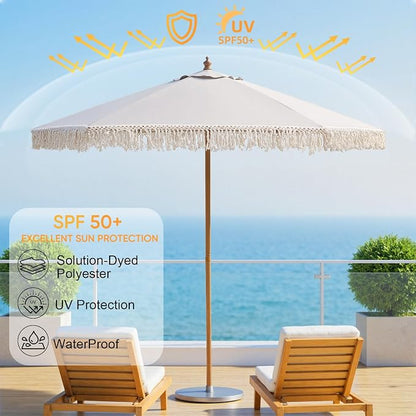 9 FT Patio Umbrella with Fringe,Fringe Portable Beach Umbrella,Heavy-Duty Metal Frame,6 Ribs with Ventilated Canopy,UV Protection & Waterproof, Suitable for Garden,Deck,Pool,Patio Table