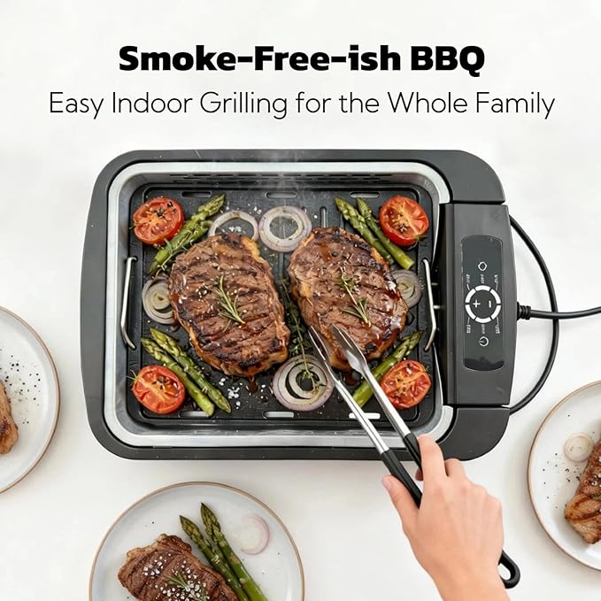 Indoor Smokeless Grill & Griddle 1100W Electric Gill Korean BBQ Low Smoke with Fan 6-Speed Temperature Control Non-Stick ‎Grill Plate with Drain Holes Dishwasher Safe 5-Serving Apartment Dorm