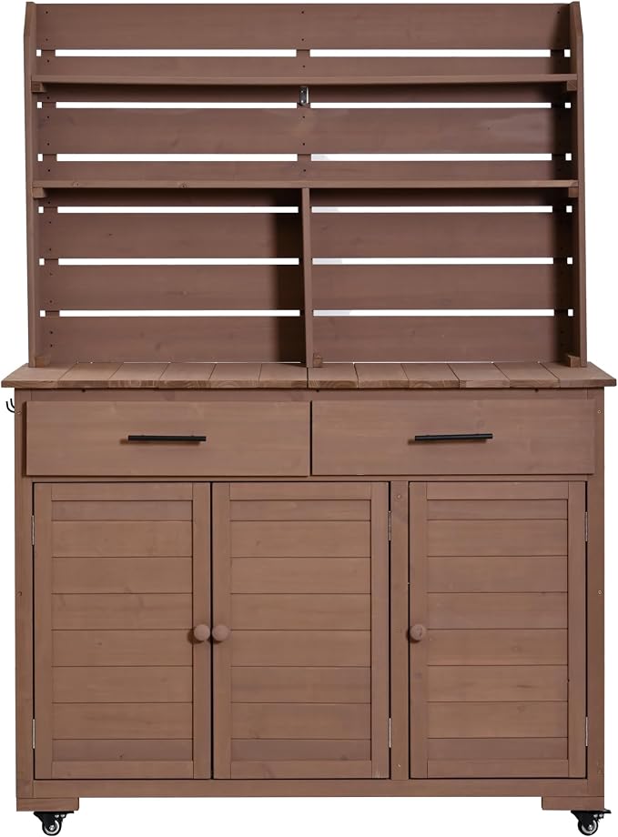 Outdoor Grill Cart with Storage Cabinet, Wood Outdoor Kitchen Island Prep Cart Grill Station for Food Prep and BBQ, Brown