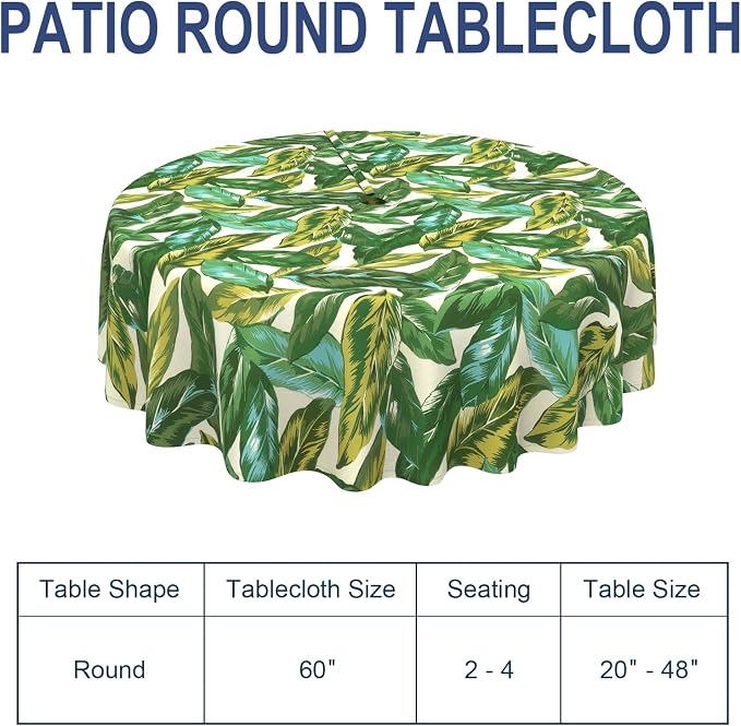 Outdoor/Indoor Round Tablecloth with Umbrella Hole Zipper, Decorative Circular Table Cover for Home Garden, 60 Inch, Lush Leaf Jungle