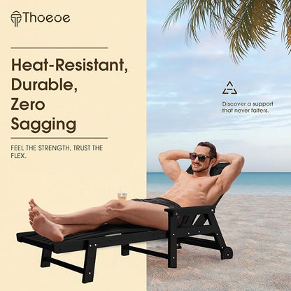 THOEOE Patio Chaise Lounge Chair, Oversized Lounge Chair Outdoor with 5 Positions, 78″ Long, HDPE, Patio Lounge Chair with Wheels & Cup Holder for Pool, Deck, Poolside,Black