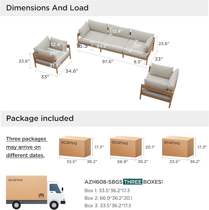 Acanva Vento Outdoor Patio Furniture Set, Couch + 2 x Armchairs | All-Weather Aluminium Frame, Water-Resistant Olefin Cushions, Patio Conversation Sets for Backyard, Garden, Porch