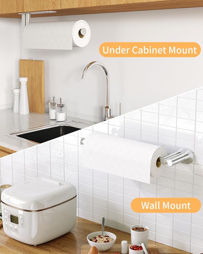 STWWO Under Cabinet Paper Towel Holder, Self Adhesive Paper Towel Rack | Brushed Nickel, Under Counter Under Sink Paper Towel Holder, Self-Adhesive or Wall Mounted, Fits Kitchens Bathrooms & RV