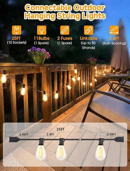 Larkvue 25FT LED Outdoor String Lights, 10+1 Edison S11 Dimmable Bulb Waterproof Patio Lights, Connectable Outside Hanging Strand for Backyard Garden