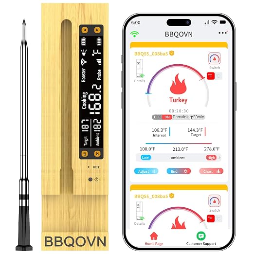 WiFi Sub-1G Wireless Meat Thermometer Unlimited Range 7 NIST Certified Sensors with Ambient Temp 2 Temp Monitoring Ways Digital Smart Base and App for BBQ, Smoker, Grill, Oven