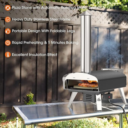 Mimiuo Auto-Rotating Wood Pellet Pizza Oven Outdoor 40Lbs, 60S Bake w/Stone | Heavy Duty, Fast Baking, Complete Baking Tool (Automatic Spinning System, Stone, Peel & Cover), Easy Operation