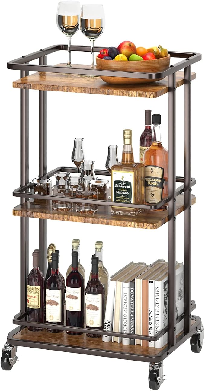 XYZLVSI Bar Cart, Home Bar Serving Cart, 3 Tier Kitchen Shelf with Wheels | Wood and metal, kitchen island storage cart with wheels, multifunction utility cart storage rack for dining room, living room