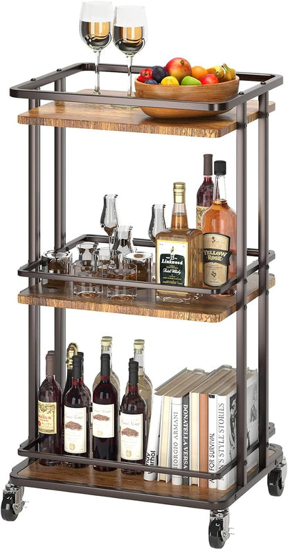 XYZLVSI Bar Cart, Home Bar Serving Cart, 3 Tier Kitchen Shelf with Wheels | Wood and metal, kitchen island storage cart with wheels, multifunction utility cart storage rack for dining room, living room