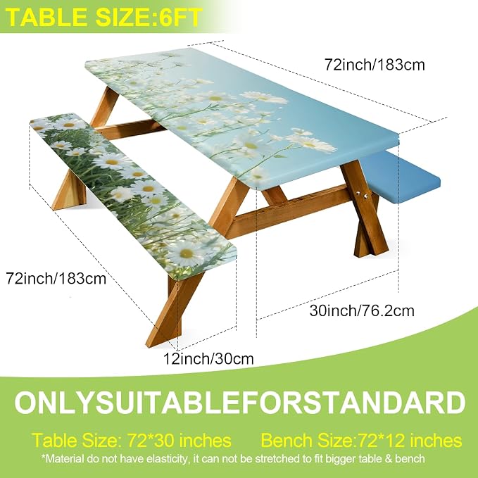 ANNA QUEEN Blue Daisy 6FT Picnic Table Cover Set, 3PCS 72"x30" Floral Tablecloth and Bench Covers, Waterproof Camping Spring Wedding & Garden Party Decor
