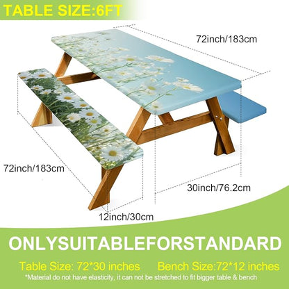 ANNA QUEEN Blue Daisy 6FT Picnic Table Cover Set, 3PCS 72"x30" Floral Tablecloth and Bench Covers, Waterproof Camping Spring Wedding & Garden Party Decor