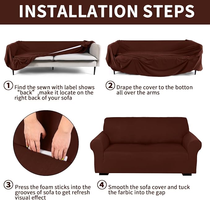 Peryiter 3 Pcs Couch and Loveseat Sofa Covers,Coffee Brown,Milk Silk | Armchair Covers for Living Room, Sofa Cushion Slipcover, Furniture Protector, Polyester and Spandex, Washable