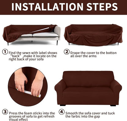 Peryiter 3 Pcs Couch and Loveseat Sofa Covers,Coffee Brown,Milk Silk | Armchair Covers for Living Room, Sofa Cushion Slipcover, Furniture Protector, Polyester and Spandex, Washable