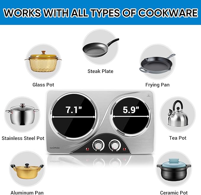 Hot Plate, CUSIMAX Electric Double Burner, Portable Ceramic Infrared Cooktop, Dual Control Cooking Stove, Heat-Up in Seconds, Compatible for All Cookwares, Silver