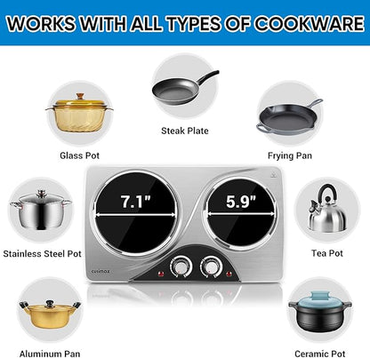 Hot Plate, CUSIMAX Electric Double Burner, Portable Ceramic Infrared Cooktop, Dual Control Cooking Stove, Heat-Up in Seconds, Compatible for All Cookwares, Silver