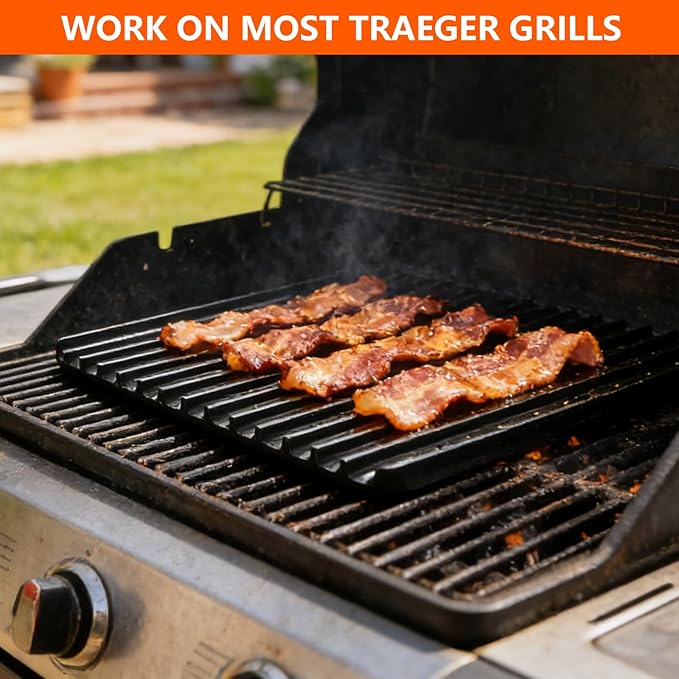 BAC772 Cast Iron Grill Sear Grate for Traeger, Weber, Charbroil, Pit Boss and Most Pellet, Gas & Charcoal Grills, Reversible Grill Grate Accessory, Non-Stick Grate Sear Marks, 18.25" x 11.5"