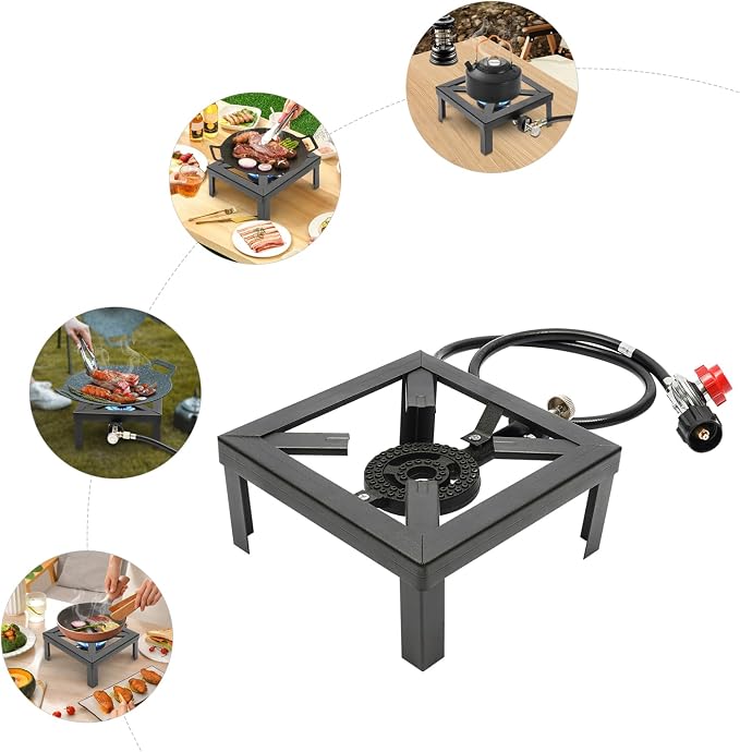 Portable Single Burner, Outdoor Gas Stove Propane Cooker with Adjustable 0-10PSI Regulator & 1.2m Long Hose, 8000W High Power for Camping, BBQ, Picnic, Home Brewing