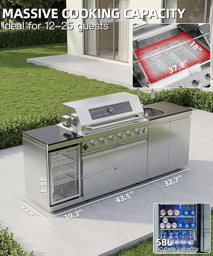 Outdoor Kitchen Island Barbecue Grill with Refrigerator & Rotisserie, Heavy-Duty Stainless Steel Freestanding Grills Station, Weather-Resistant Cooking Cabinet for Backyard & Summer Propane Gas