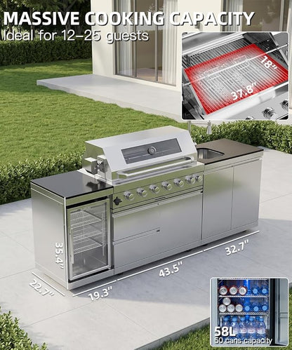 Outdoor Kitchen Island Barbecue Grill with Refrigerator & Rotisserie, Heavy-Duty Stainless Steel Freestanding Grills Station, Weather-Resistant Cooking Cabinet for Backyard & Summer Propane Gas