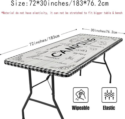 Irisbell Picnic Table Cover with Elastic Edge,6FT Wind Proof Wrinkleproof Fitted Tablecloth Cover Camping Beach Patio Rectangle Table Cloth for Indoor Outdoor (Camping White, 30'' x 72'')