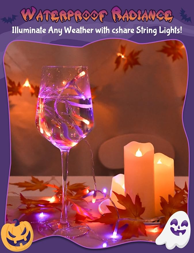 Cshare Halloween String Lights Battery Operated With Timer, Orange and Purple Outdoor 9.8ft 30LED, Decorations for Party Yard Pathway Indoor Outdoor